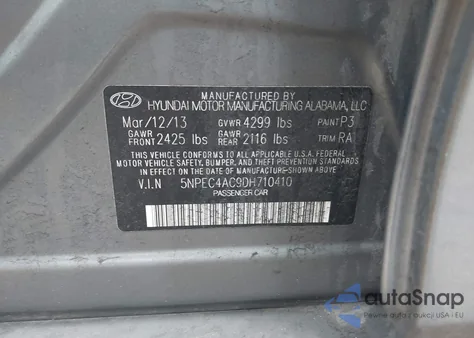 2013 Hyundai Sonata Se z USA, uszkodzony, nr VIN 5NPEC4AC9DH710410